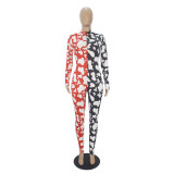 Cow Print Color Block Sexy Jumpsuits Women Long Sleeve Bodycon Rompers One Piece Club Outfits