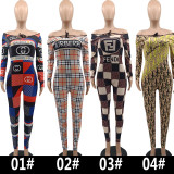 Women Loungewear Casual Fashion Print Zipper Long Sleeve Adjustable Collar Jumpsuit