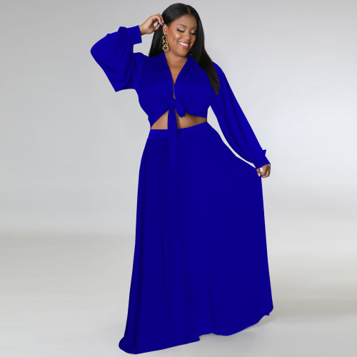 Blue Plus Size Loose Long Sleeve Swing Skirt Set