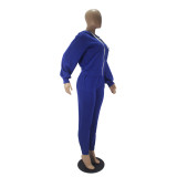 Blue Women Tracksuit Open Back Hooded 2 Piece Set