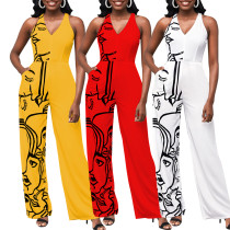 Sexy Fashion Digital Print V-Neck Sleeveless Women's Jumpsuit