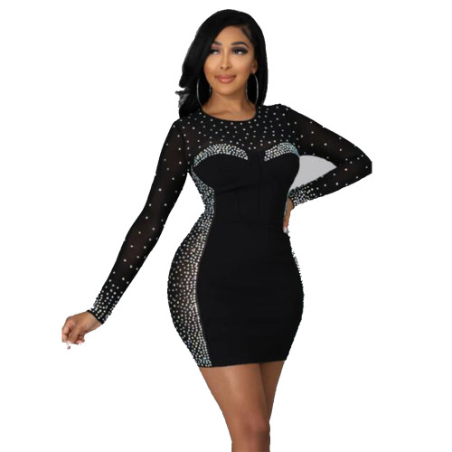 Casual Black Hot Drilling See-through O Neck Long Sleeve Mini Dress