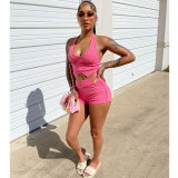 Solid Color Sexy Pink Backless Halter Two Piece Shorts Women Set