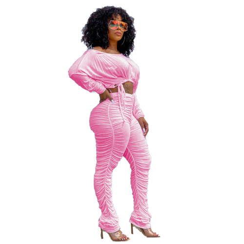 Ladies Pink Stacked Two Piece Set Drawstring Crop Top and Pleated Trousers