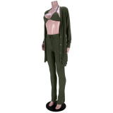 Women 3 Piece Sets Sexy Lingerie Lounge Wear Set Olive Green Pyjamas Female Nightwear Cardigan Sleepwear