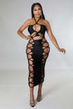 Women Summer 2022 Bandage Dress Halter Slit Lace Up Bodycon Evening Club Party Ruched Long Dress