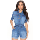 Summer Short Sleeve Turn-down Neck Denim One Piece Rompers with Belt