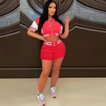 Summer Red Air Layer Jacket Baseball Uniform Casual Two-Piece Splicing Sportswear Set