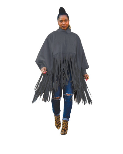 Dark Grey British Style Oversized Fringed Top