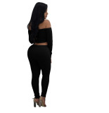 Women Fashion Thread Off Shoulder Crop Top 2 Piece Set Casual Bodycon Casual Outfit Sportswear