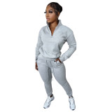 Casual High Neck Long Sleeve Zippered Solid Color Sweatshirt 2 Pieces with Pockets