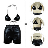 Black Solid Color Stretch PU Bra Shorts Set Two Pieces
