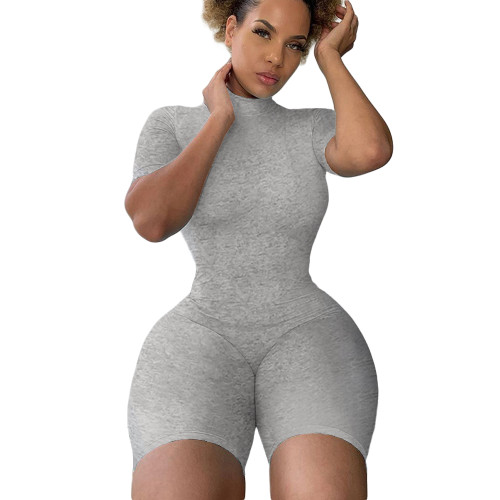 Solid Color High Neck Zipper Activewear Romper