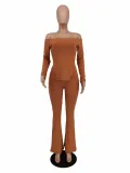 Spring Autumn Brown Ribbed Off Shoulder Cutout Top & Flared Pants Set