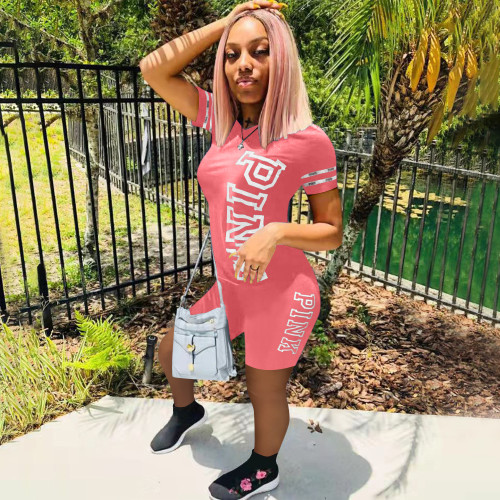 Pink Summer Casual Printed Letter Women Short Set
