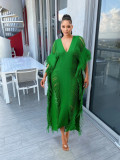 Solid Color Manual Knitted Sheer Fringed Dress