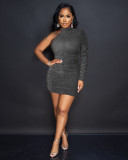 Autumn One Sleeve Ruched Sexy Bodycon Shiny Mini Dress Wholesale
