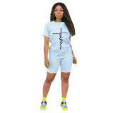 Casual Women Light Blue Printed Sweatpants Set Two Piece Shorts Set for Summer