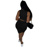 Black Solid Color Thread Pit Stitching Irregular Sports Shorts Set