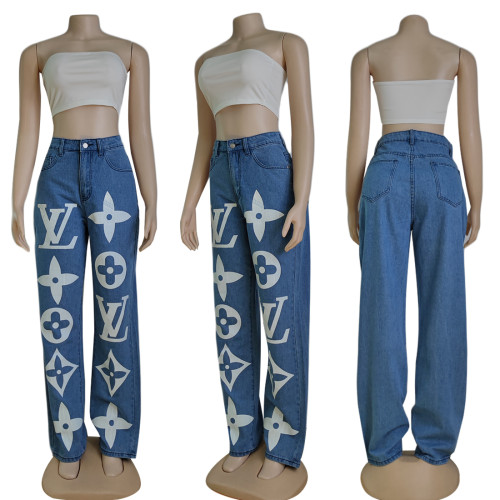 Casual Offset Printing Denim Trousers High Waist Blue Washed Jeans
