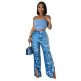 Sexy Faux Denim Print Slit Wide-leg Trousers
