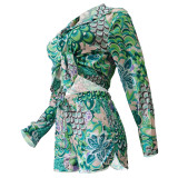 Women Printed Long Sleeve Cardigan Shirt Shorts Casual Set