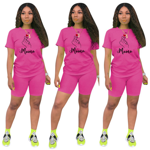 Mother's Day Heart Print Sports Shorts Set Two Piece - Rose