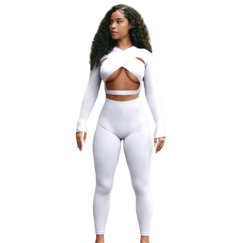 Sexy Cross Cutout Sports Two Piece Women Clothing Set with Hollow Out