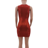 Summer Red Sequin Casual U Neck Sleeveless Mini Dress