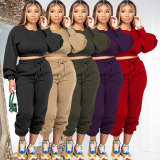 Autumn Winter Round Neck Loose Solid Color Crop Sweatshirt Pant Set