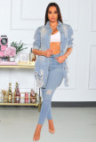 Women's Casual Distressed Ripped Single-breasted Long Denim Jacket