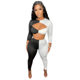 Sexy Black/White Stitching Crop Top 2 Piece Set