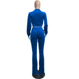 Autumn Winter Royal Blue Velvet Sports Sweatshirt Crop Top and Trousers