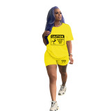 Casual Solid Color Graphic Print Short Sleeve Shorts 2 Piece Set