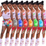 Casual Double Cross Print Collar Sleeveless Gathering Crop Top & Short Two Piece
