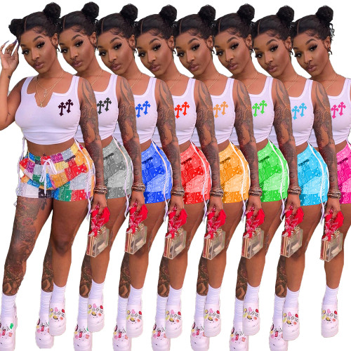 Casual Double Cross Print Collar Sleeveless Gathering Crop Top & Short Two Piece