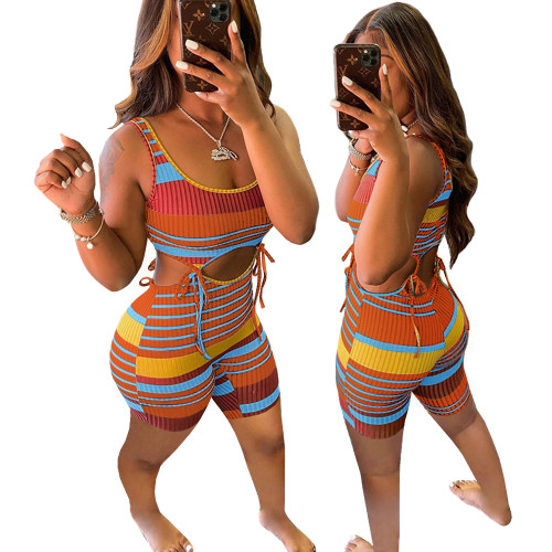 Casual Pit Striped Lace-up Rompers