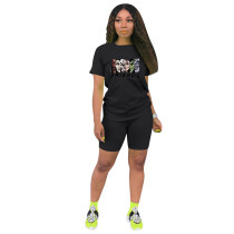Fashion Black Ladies Shorts Tracksuit Printed Avatar Women Short Sets