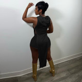 Casual Black Pit Thread Split Hollow Clubwear Sleeveless Irregular Hooded Top Shorts Two Piece