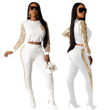 Solid Color Sequin Stitching Round Neck Long Sleeve Two Piece Pant Set