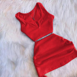 High Elastic Cotton Pit V Neck Low-cut Drawstring Skirt Set