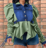 Double Collar Adjustable Tie Puff Long Sleeve Ruffle Denim Jacket