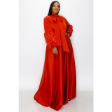 Plus Size Solid Beaded Tie Neck Ruffle Sleeve Formal Maxi Dress With Pocket