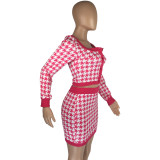 Houndstooth Print Women's Long Sleeve Two Piece Skirt Set