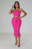 Casual Tassel Fishnet Knit Casual Halter Two Piece Set