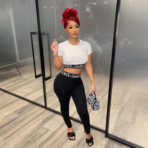 Casual Printed Letter Short Sleeve Crop Top & Trousers Two Pieces