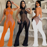 Spring Mesh Stitching Halter Backless Jumpsuit