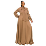 Plus Size Solid Beaded Tie Neck Ruffle Sleeve Formal Maxi Dress With Pocket