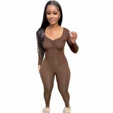 Solid Color Coffee Spring Thin V Neck Pleated One Piece Jumpsuit