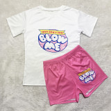 Casual Solid Color Graphic Print Short Sleeve Shorts 2 Piece Set